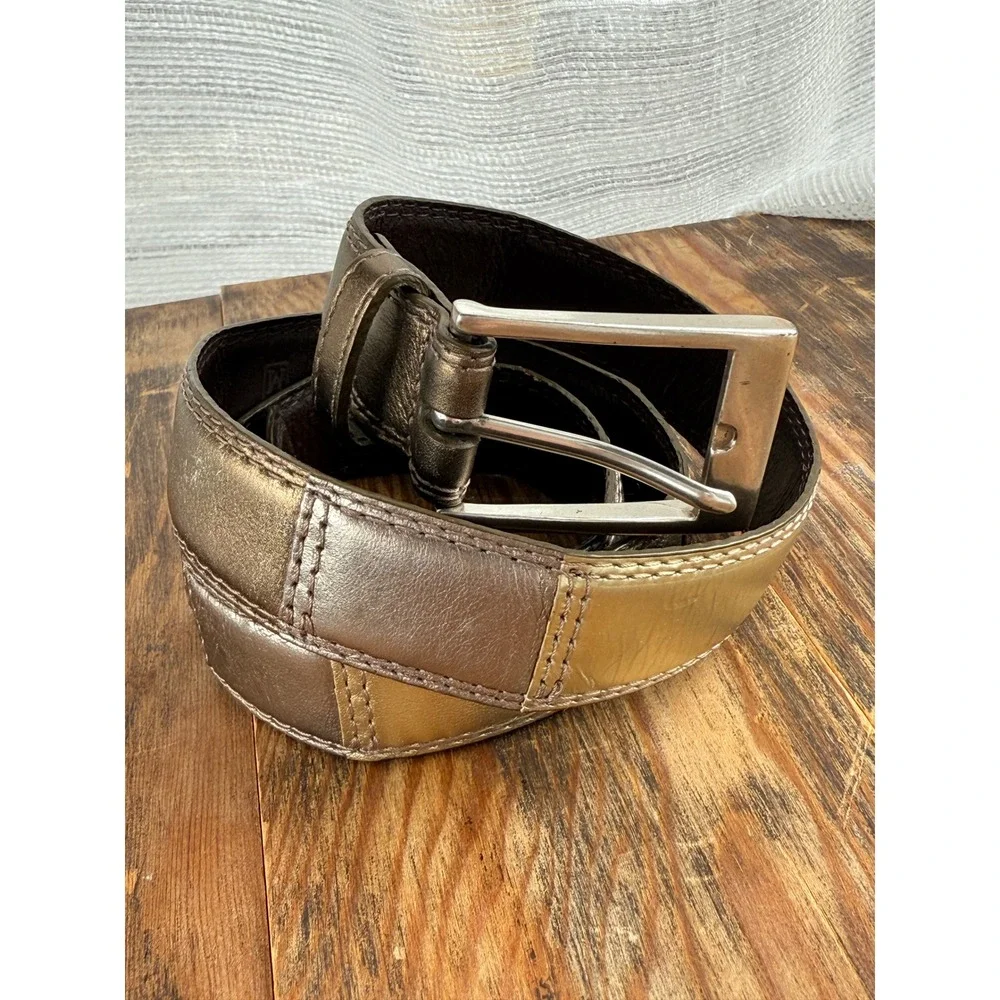 Vintage Y2K Fossil Genuine Leather Metallic Patchwork Belt  Bronze Gold Silver‎